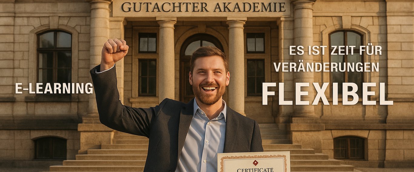 Mann in Anzug mit Zertifikat vor der Gutachter Akademie, lächelt und hebt die Faust.