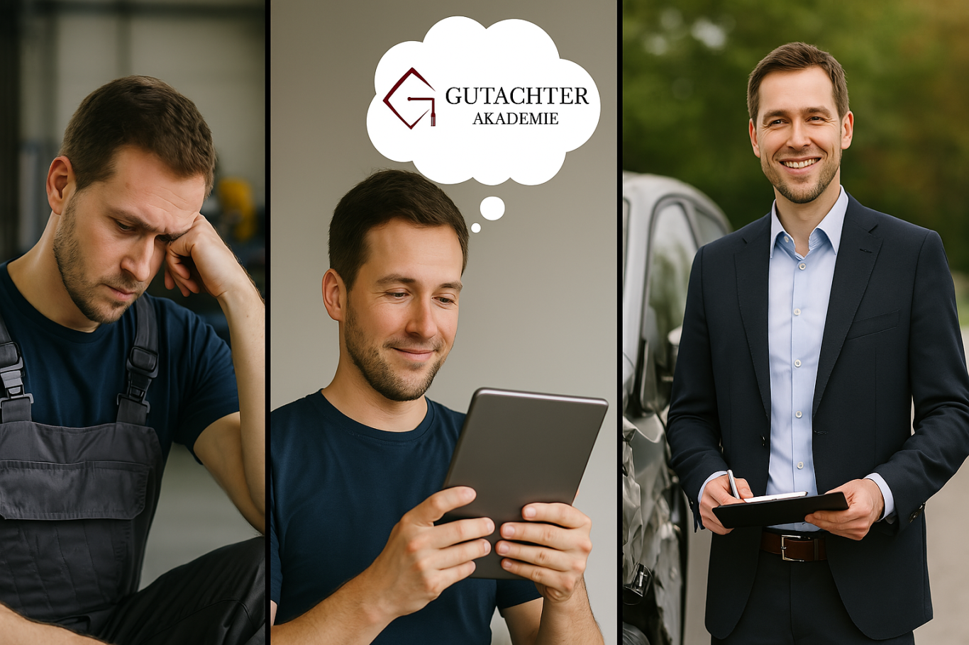 Ein Mann in Arbeitskleidung und Anzug, nutzt ein Tablet in verschiedenen Umgebungen.