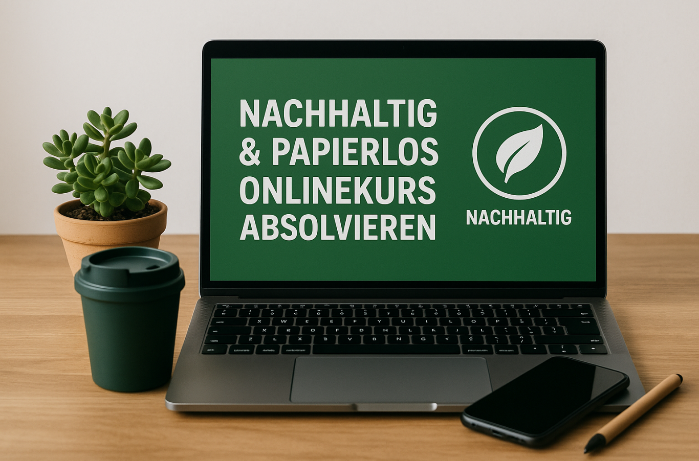 Laptop auf einem Tisch mit Text zu nachhaltigen Onlinekursen und einem Getränk.