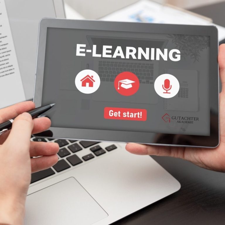Tablet mit E-Learning-Plattform und Schaltfläche "Loslegen".